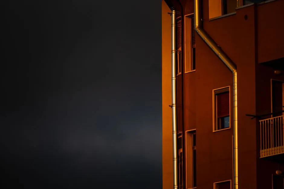 Side view of an urban apartment building illuminated by golden hour sunlight.